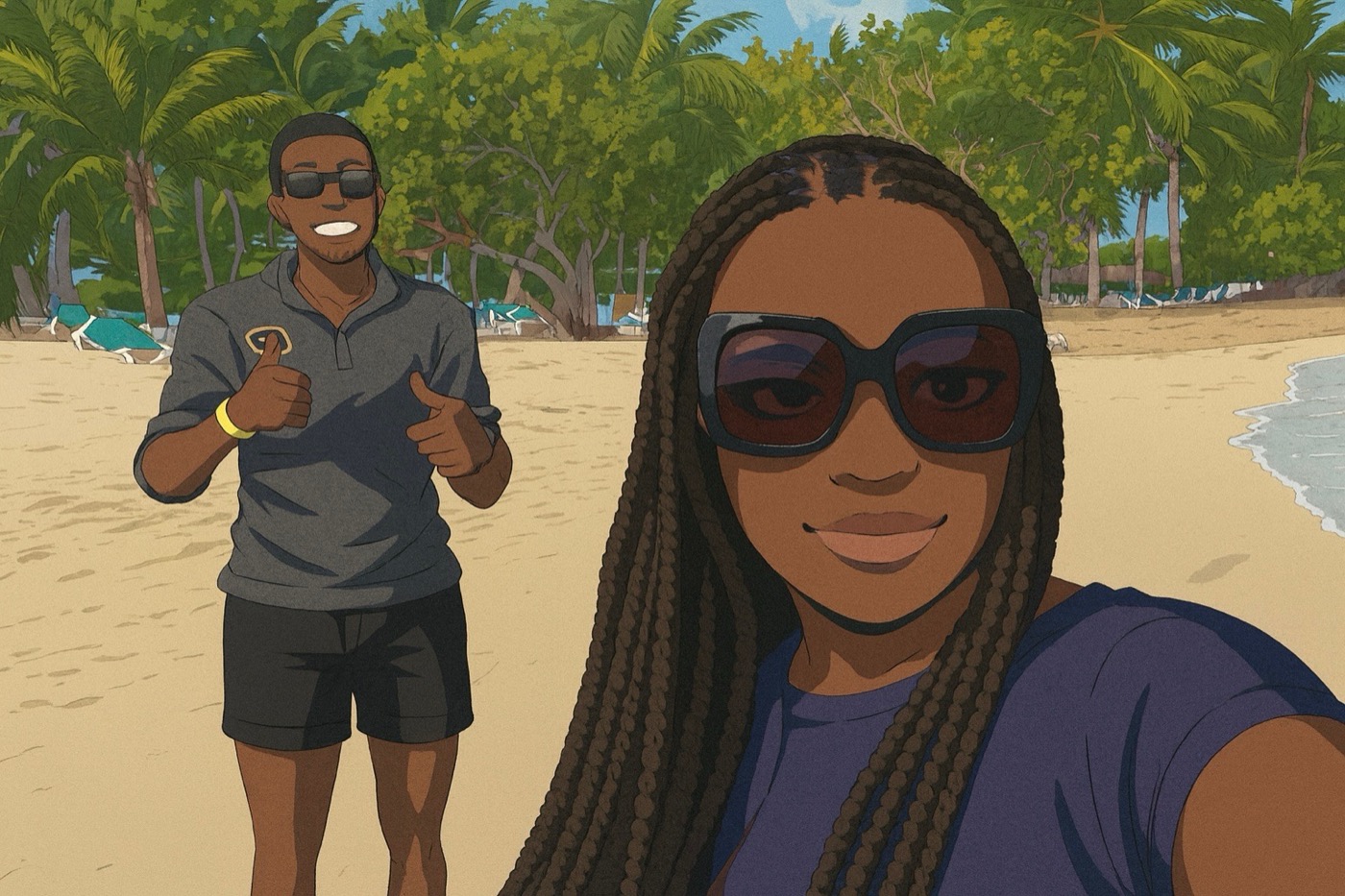 Stylized illustration of Amaya and her husband on a palm-lined beach.